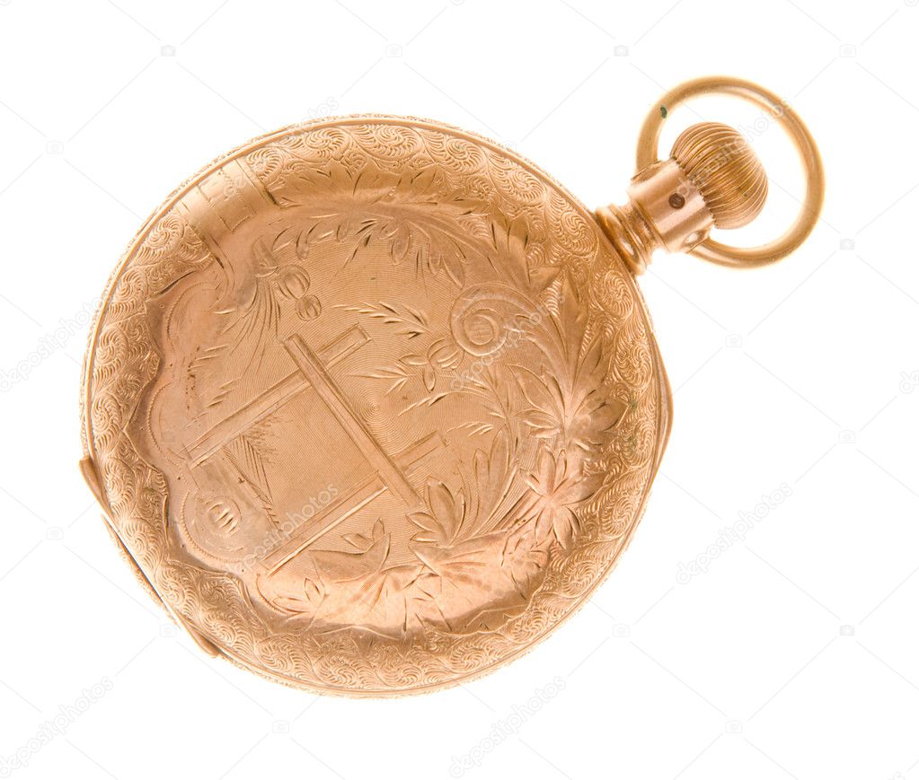 Ornate Old Fashioned Gold Pocket Watch Isolated