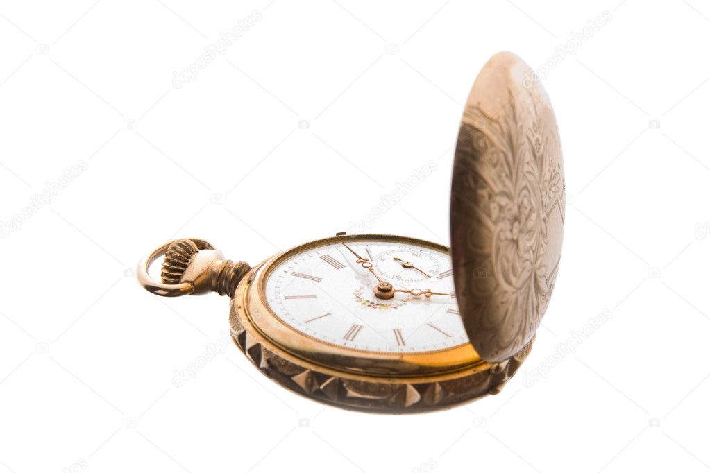 Old Fashioned Brass Pocket Watch Isolated White