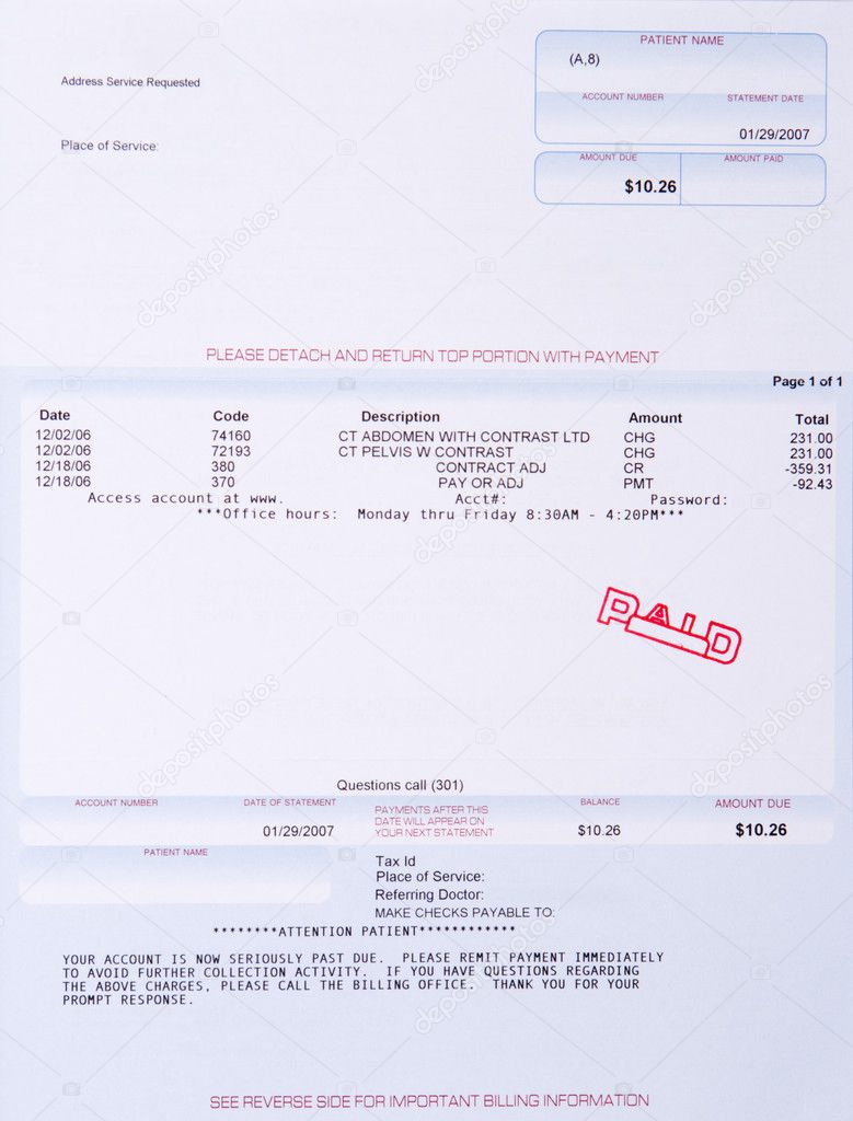 Paper Medical Bill CT Scan Stamped PAID Past Due