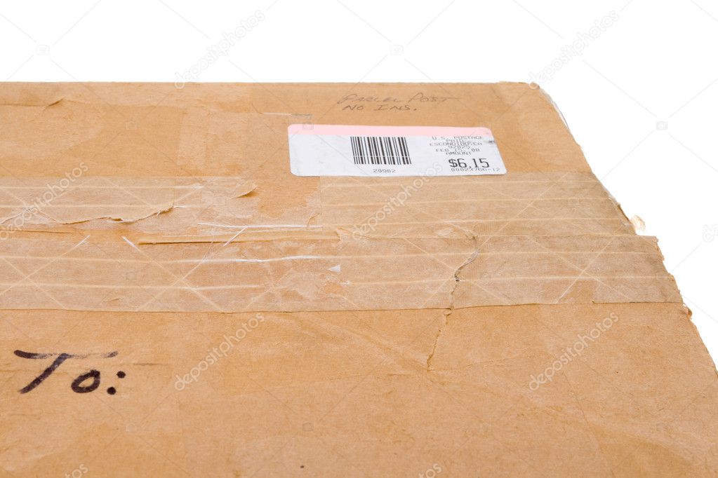 Old Cardboard Box To Metered Mail Sticker Isolated