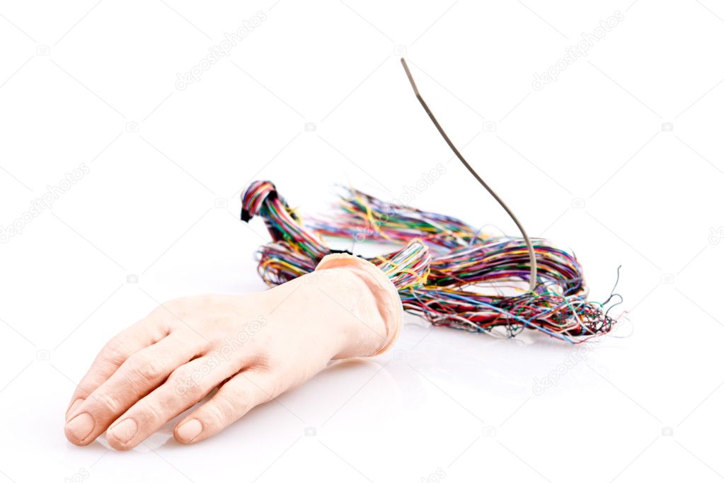 Android Hand with Wires Coming Out on Isolated Background