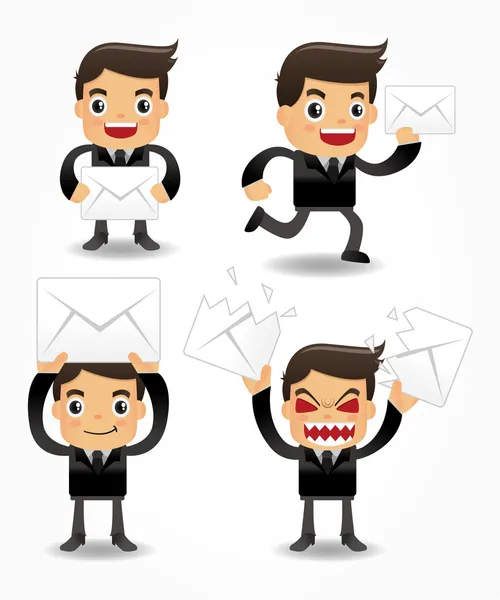 Conjunto de divertido trabajador de oficina de dibujos animados con icono de correo electrónico — Vector de stock