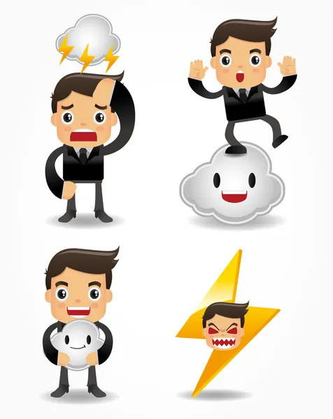 Funny cartoon office worker with weather element icon set — Stock Vector