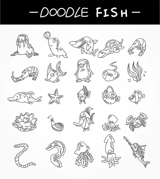 Mano dibujar acuario peces iconos conjunto — Vector de stock
