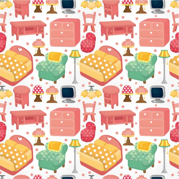 Kartun merah muda furniture pola mulus - Stok Vektor