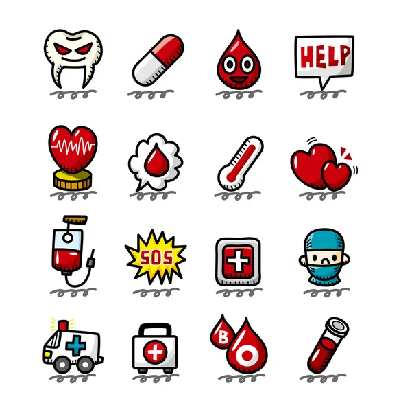 Desenho à mão desenho animado Conjunto de ícones médicos e hospitalares — Vetor de Stock