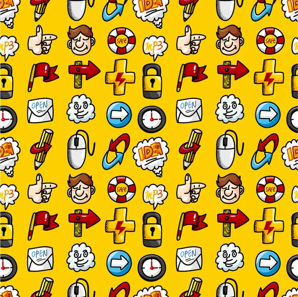Kreskówka rysować web ikony wzór z żółtym tle — Wektor stockowy
