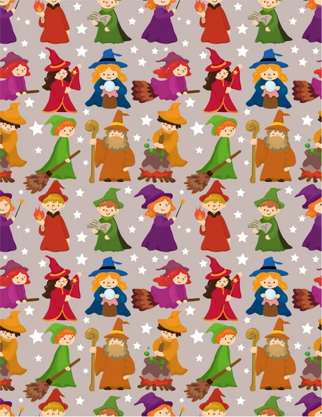 Cartoon Wizard and Witch magic seamless pattern — Stock Vector