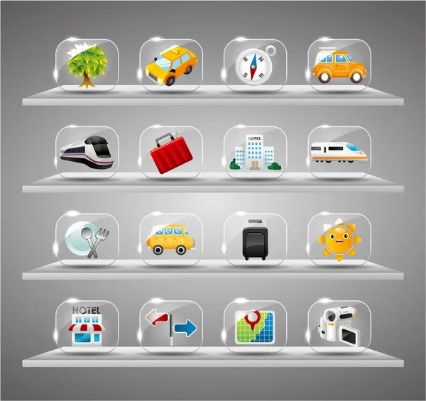 Cute travel icons collection,Transparent glass button — Stock Vector