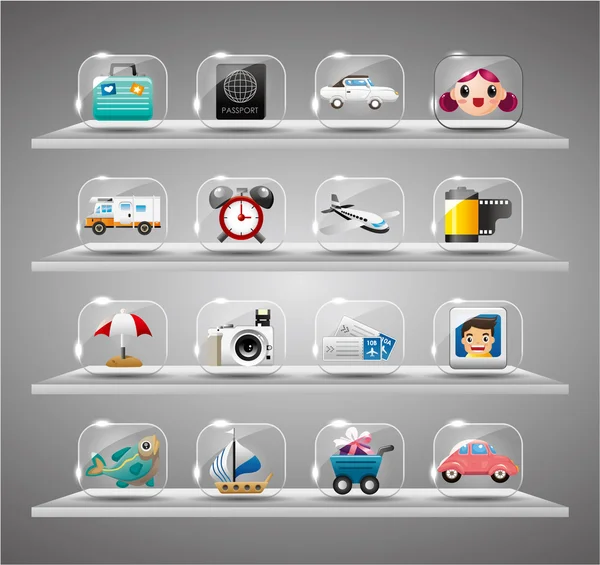 Mignonne collection d'icônes de voyage, bouton en verre transparent — Image vectorielle