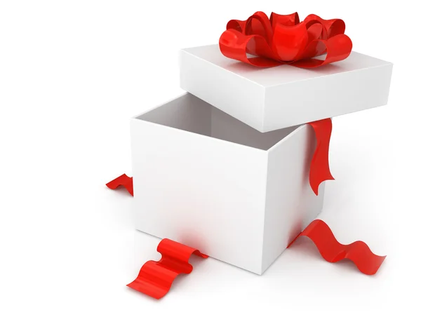 Opening gift box with red bow — Stock Photo, Image