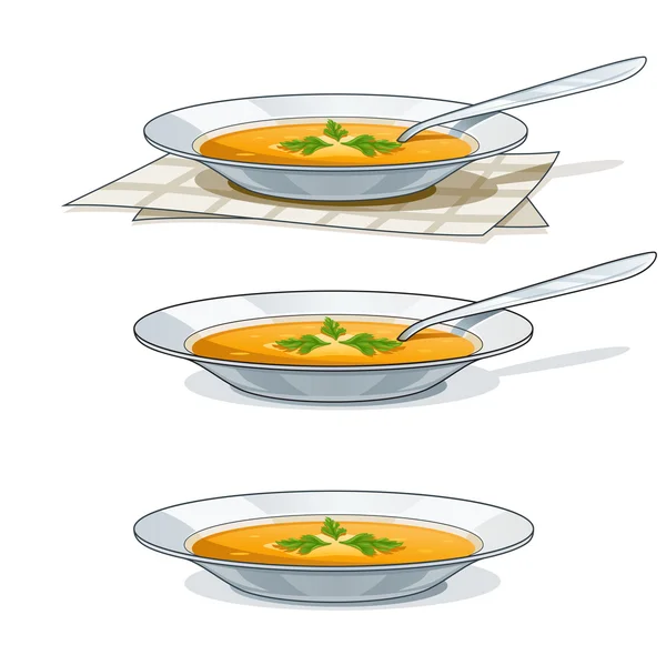 Sopa em prato branco com colher — Vetor de Stock