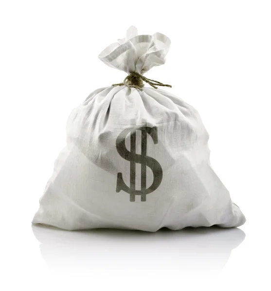 Saco branco com dinheiro de dólares — Fotografia de Stock