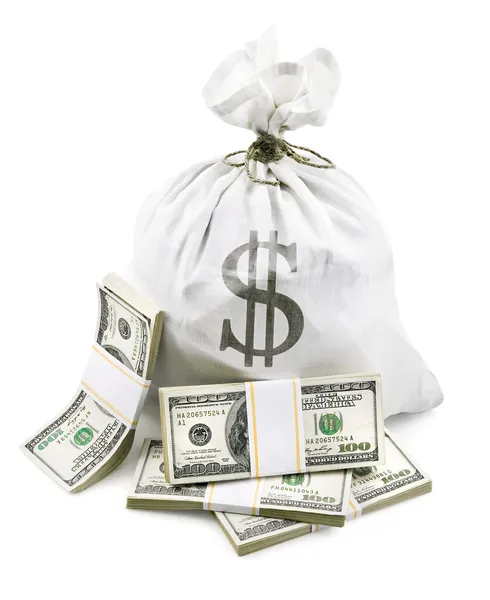 Полный мешок с долларовыми деньгами в связке — стоковое фото