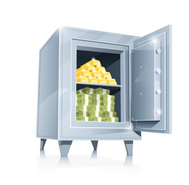 Open metallic safe with gold and money clipart