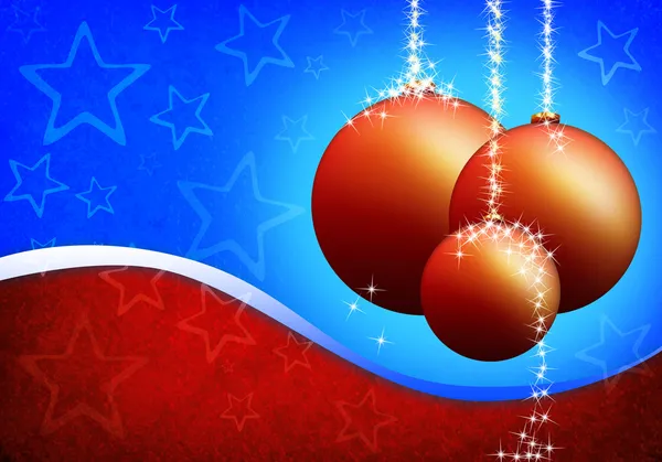 Christmas card with xmas balls on the blue red background — Stock Photo, Image