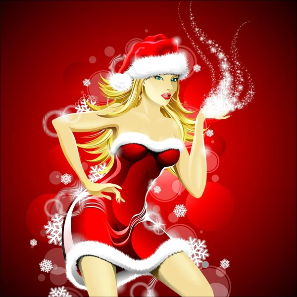 Ilustração de Natal com bela menina sexy vestindo roupas de Papai Noel — Vetor de Stock