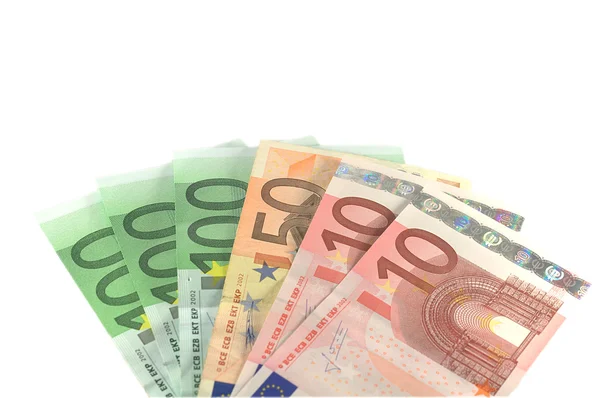 Банкноты евро поверх белых — стоковое фото
