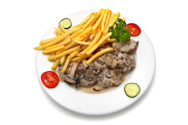 Veal medallion with mushroom white sauce and french fries — Stock Photo, Image
