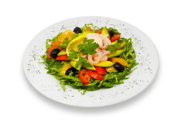 Shrimp and fresh vegeables salad with avocado and rose sauce — Stock Photo, Image