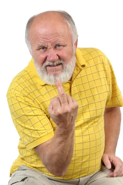 Homem careca sênior mostra dedo médio — Fotografia de Stock