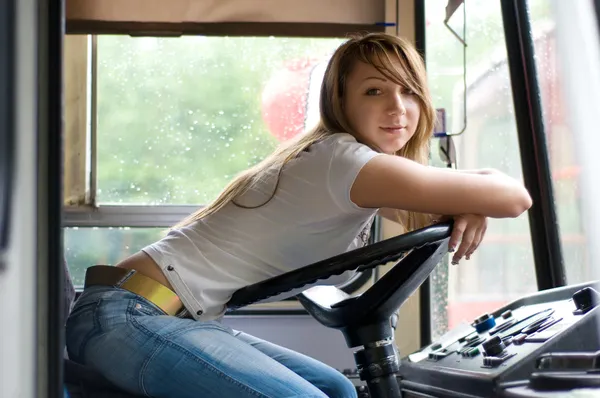 stock image Beauty at trolleybus cabin