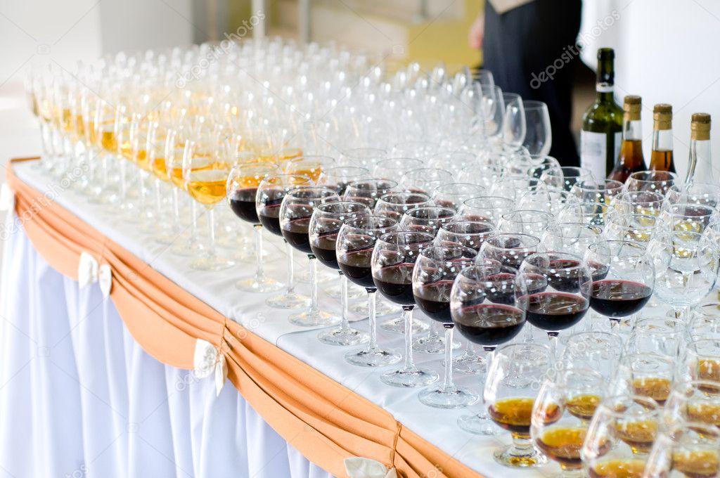 Array of wineglasses, selective focus
