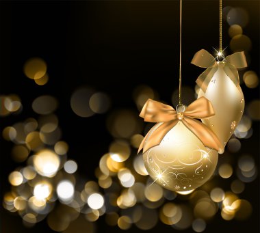 Golden Christmas lights background with ornaments