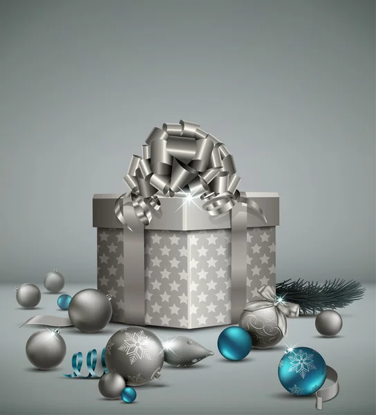 Elégant fond de Noël avec ornements et boîte cadeau . — Image vectorielle