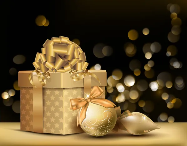 Fondo de luces doradas de Navidad con adornos — Vector de stock