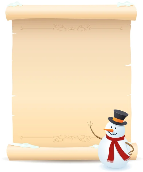 Pupazzo di neve e segno di pergamena — Vettoriale Stock