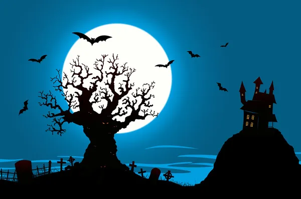 Cartel de Halloween - Casa embrujada y árbol malvado — Archivo Imágenes Vectoriales