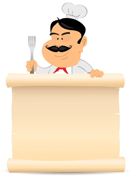 Chef Cook Holding Pergamino Menú — Vector de stock