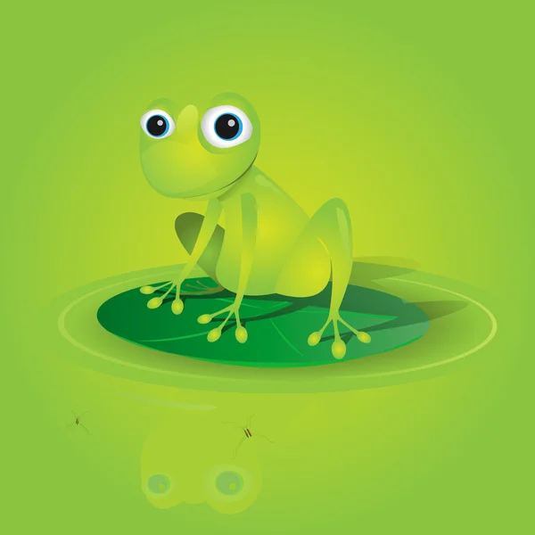 Lovely Green Frog On A Waterlily — Stock Vector