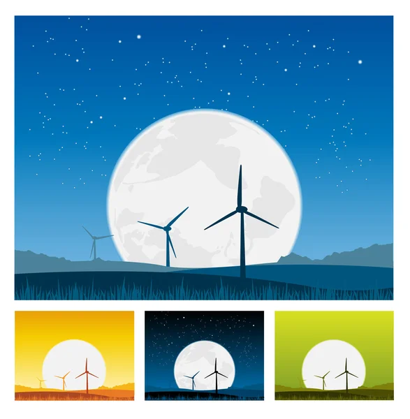 Windmills inside Landscape at Night — Stock Vector