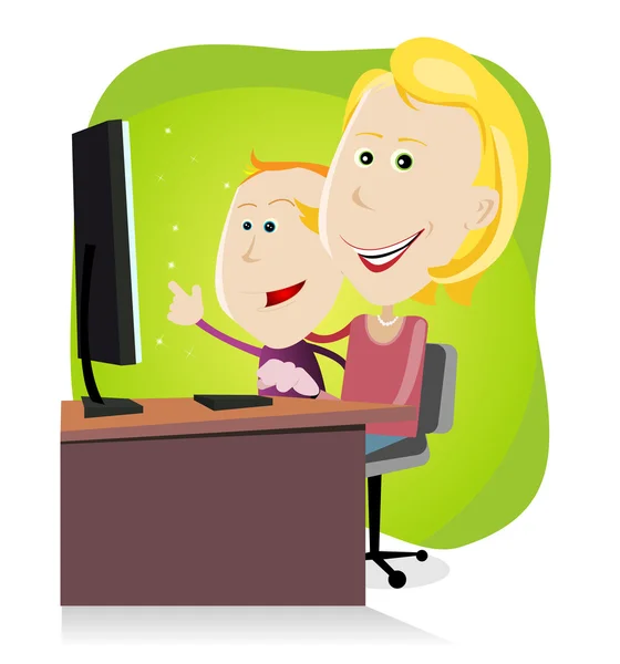 Ibu dan anak berselancar di internet - Stok Vektor