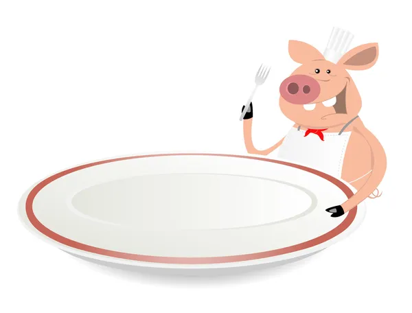 Pig Cook Showing Menu On Dishware — Stock Vector