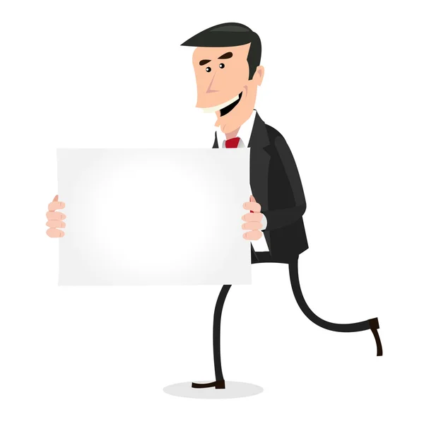 Cartoon White Businessman Running with Blank Sign — Stock Vector