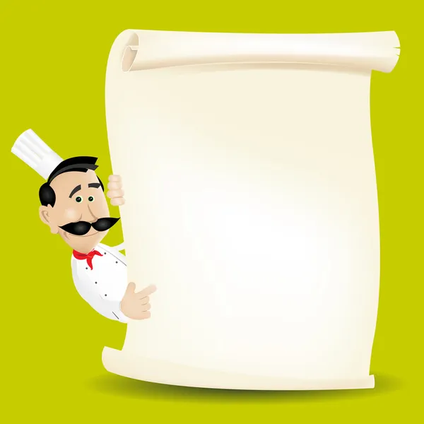 Menú Chef sosteniendo un menú de pergamino — Vector de stock