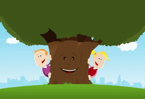 Mutlu çocuklar ve dost ağaç — Stok Vektör