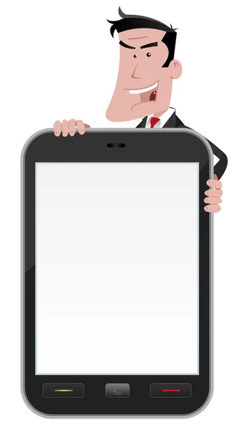 Cartoon Man Holding Smartphone Sign — Stock Vector