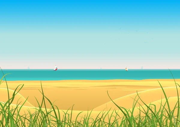 Playa de verano con velero postal de fondo — Vector de stock