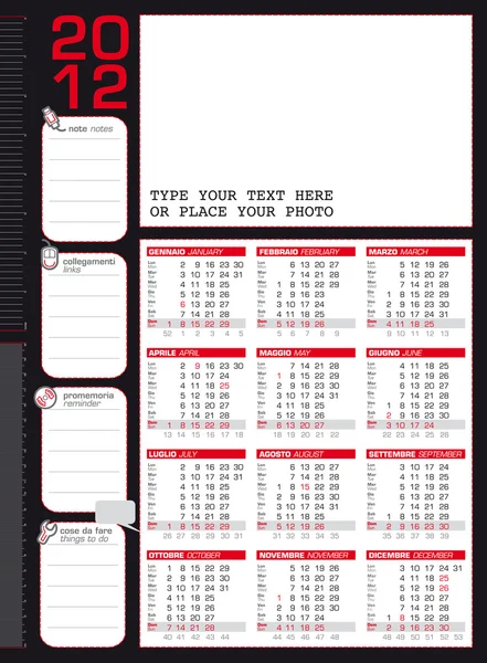 Kalender 2012 in italienischer und englischer Sprache mit Linealen — Stockvektor