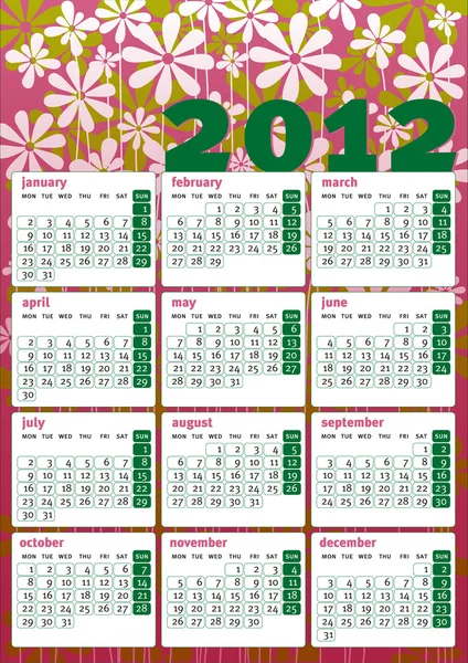 Vintage flower power 2012 kalender på engelska — Stock vektor
