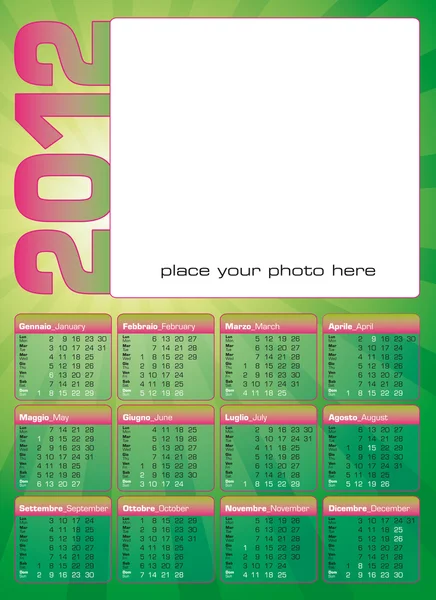 Πράσινο 2012 ημερολόγιο ιταλικά και Αγγλικά — Διανυσματικό Αρχείο