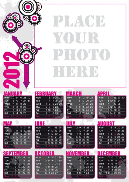 Calendario inglese 2012 con cornice fotografica — Vettoriale Stock