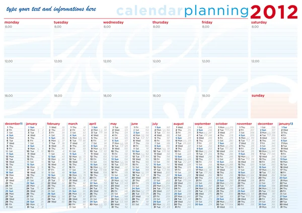 Calendar and Planning 2012 in english — Stock Vector
