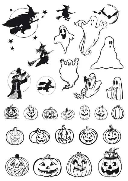 Calabazas, brujas y fantasmas - iconos de Halloween — Vector de stock