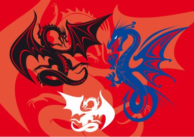 Three dragons on red background clipart