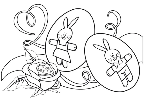 Illustration zur Farbe mit zarten Kaninchen auf Eiern und Rosen — Stockvektor